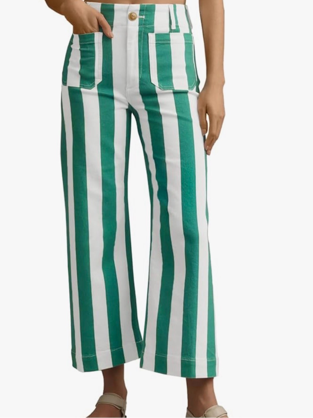 Green and white striped jeans, size 14
